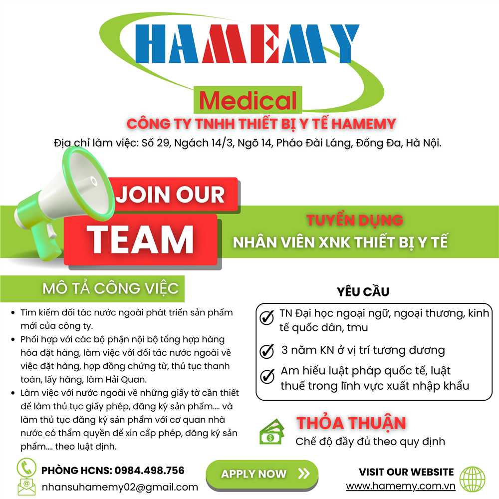 TUYỂN DỤNG NHÂN VIÊN XNK THIẾT BỊ Y TẾ